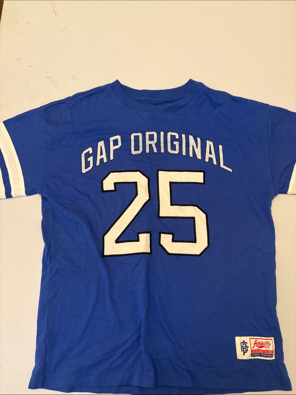 GAP Blue Graphic Tee with White 25 and Sleeve Stripes